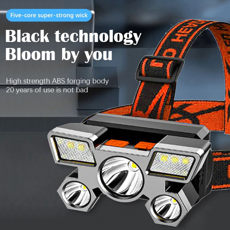 5LED ABS luminoso portatile faro USB ricaricabile incorporato 18650 batteria torcia lanterna da campeggio leggera da lavoro all'aperto