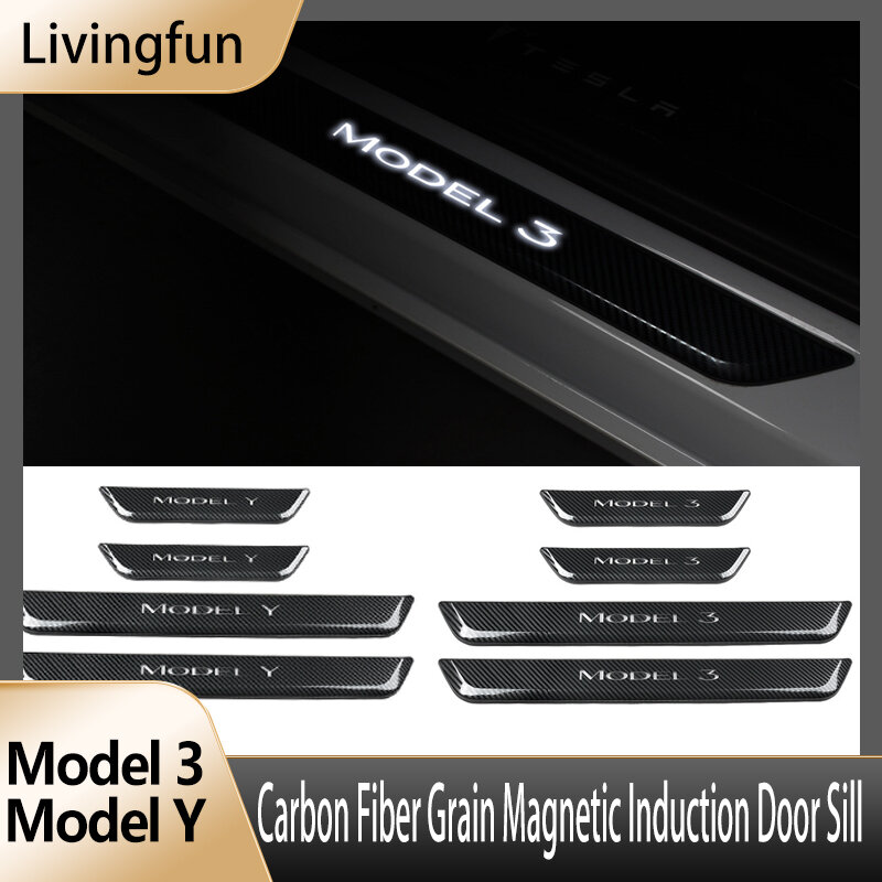 Pola Serat Karbon untuk Tesla Model 3 Model Y LED Pelindung Pintu Mobil Pelat Scuff Kusen Pelindung Pintu Masuk Otomotif