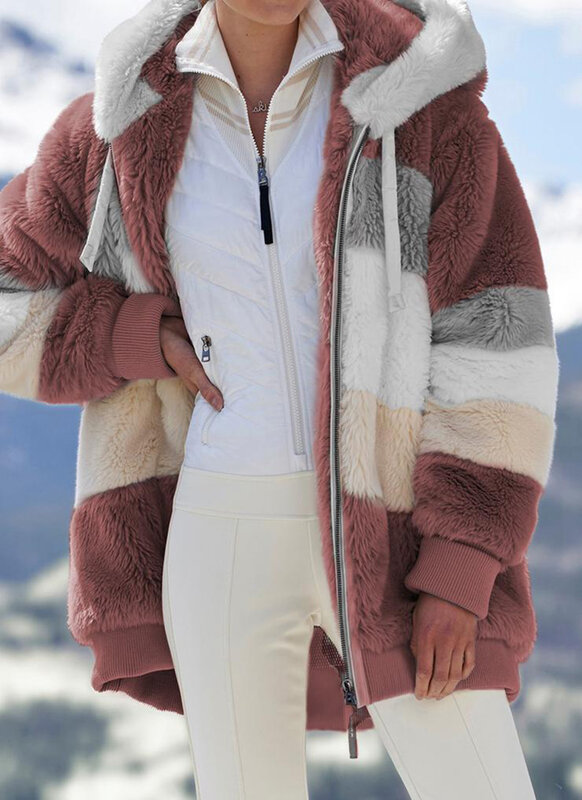 Jaqueta xadrez com capuz feminina com zíper, casaco de caxemira, costura casual, moda feminina, inverno