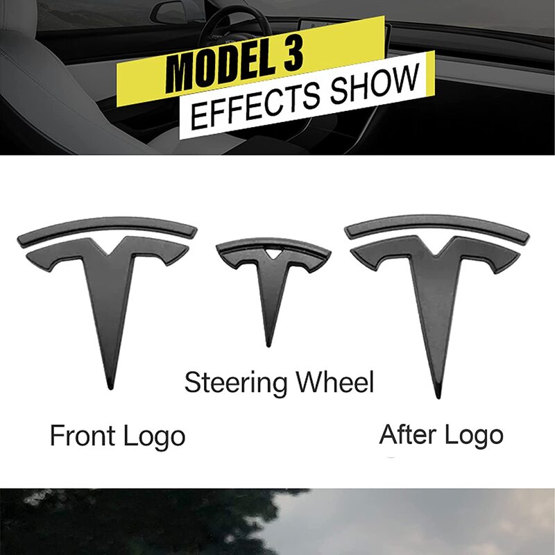 3Pcs Tesla Model 3 Y Steering Wheel/ Front Trunk / Rear Trunk Logo Cover Sticker Car Accessories Carbon Fiber ABS Stickers