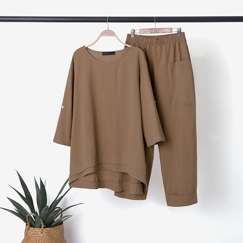 Mulher elegante blusas de outono zanzea 2022 manga longa topos e calças de cintura elástica assimétrico sólido topos conjuntos de grandes dimensões 2 pçs