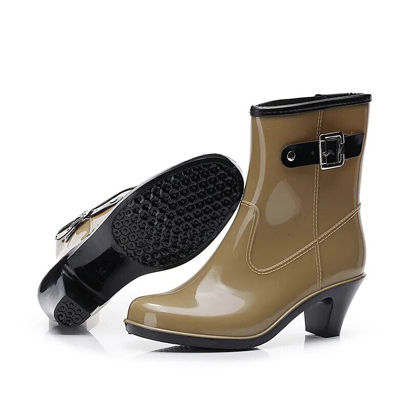 Autumn Winter Heel High Rain Boots for Women Waterproof Work Side Buckle Mid-tube Fleece Rain Boots Rubber Shoes Water Shoes
