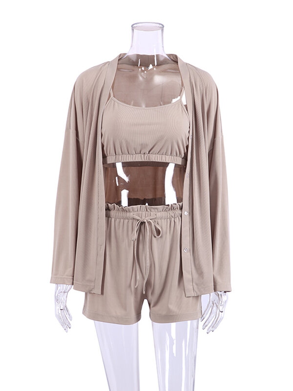 Hiloc-Conjunto de pijama acanalado de seda de hielo para mujer, traje de casa de una hilera de botones, Top corto con tirantes finos y pantalones cortos, color marrón, 3 piezas, 2022