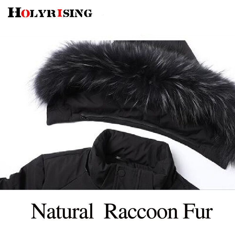 Casaco de pele de guaxinim natural longo HolyRising para homens 90% jaqueta de pato branco, casaco com capuz, inverno