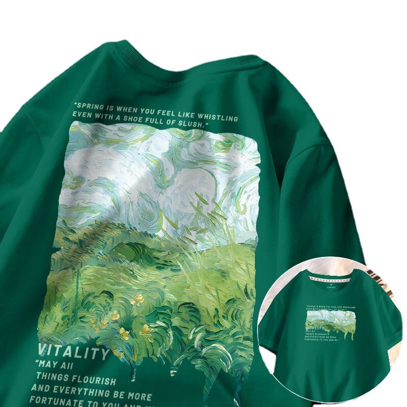 홍콩 스타일 반팔 남성 코튼 100 오버 사이즈 넉넉한 대형 사이즈, 남성 타이드 브랜드 반팔 여름 신제품 녹색 티셔츠