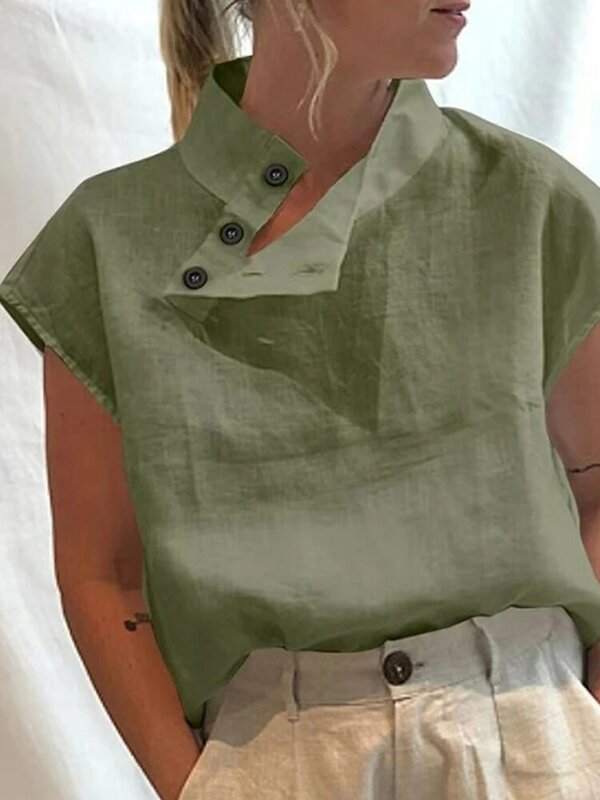 Blusa holgada de algodón para mujer, camisa informal de manga corta para verano, color blanco liso, 2022