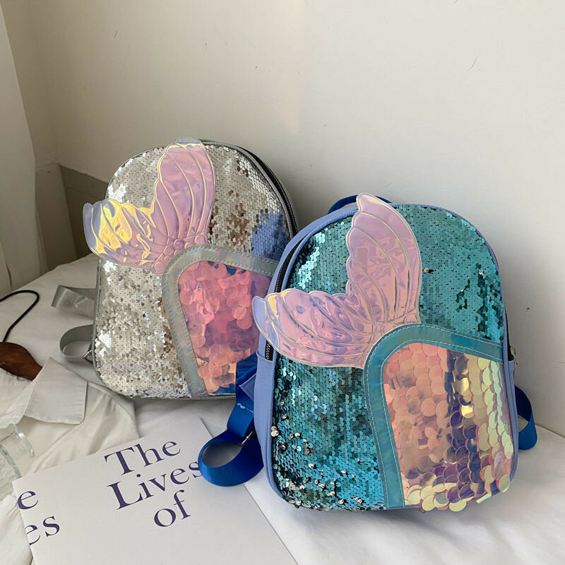 Tornister dla dziewczynek cartoon mały plecak Kawayi torba dziecięca śliczne przedszkole plecaki przedszkolne cekiny 10.6 calowy ogon ryby
