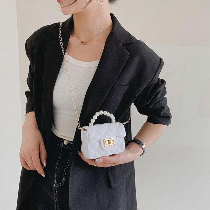 Bonito geléia bolsa feminina colorido sacos de ombro com alça de corrente pérola design da marca pequena mini bolsa da mulher ferrolho crossbody saco