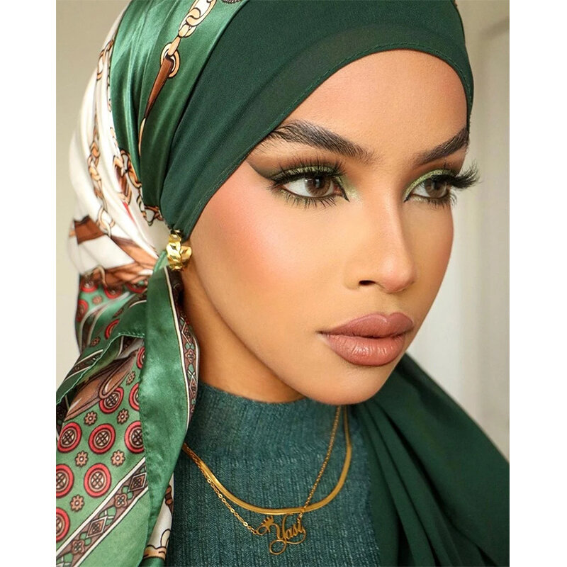 Bufanda de seda de diseño de moda para mujer, pañuelo cuadrado de satén de 90cm, Hijab musulmán, chal de lujo