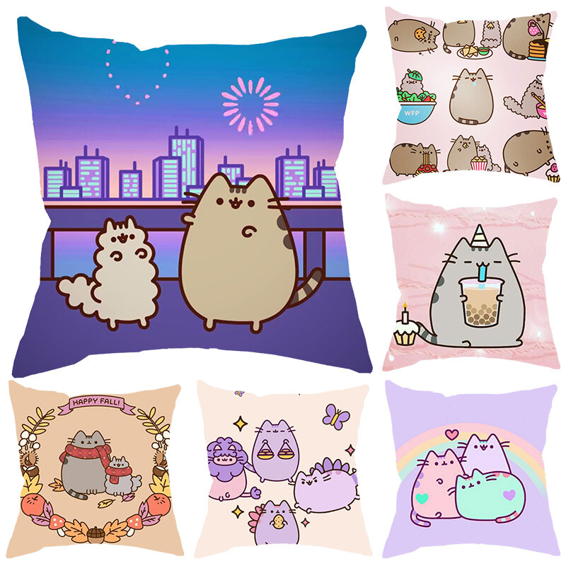 Kawaii-45 x 45cmの猫用枕カバー,かわいい猫の漫画,枕カバー,家の装飾,ソファ,車,ウエストクッション