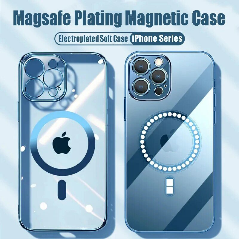 For Magsafe Magnetic Wireless Charge Case For iPhone 14 13 12 11 Pro Max Mini XS Max X XR 7 8 Plus SE 2020 Plating Clear Cover