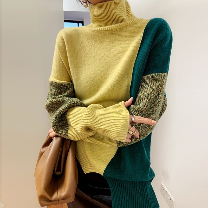Suéter de cuello alto con contraste para mujer, Jersey holgado de otoño e invierno, camisa de fondo, jersey amarillo y verde
