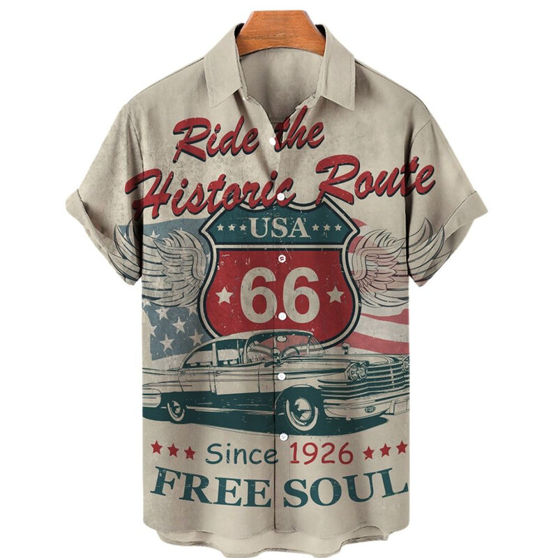 Camisas hawaianas para hombre, camisas con estampado 3d de Route 66, holgadas, transpirables, Retro, de manga corta, para verano, 2022