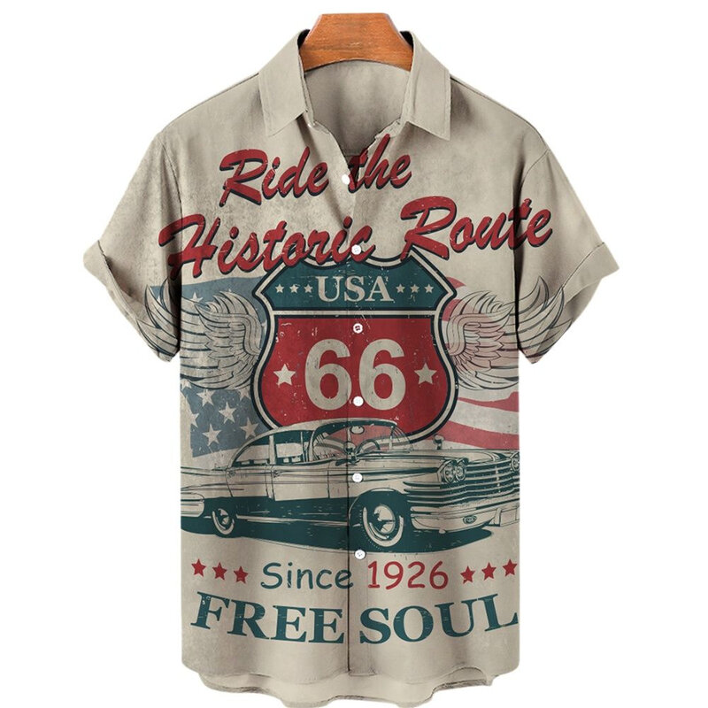 2022 Men's Shirts Hawaiian Shirts Men Route 66 3d Printed Summer Loose Breathable Shirts For Men Retro Short Sleeve Retro Shirt