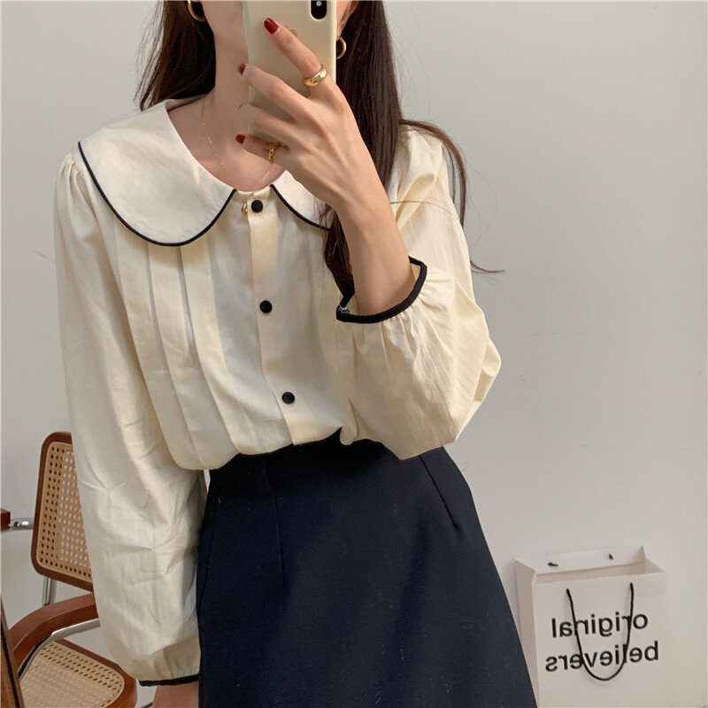 Shintimes Peter Pan Blus Kancing Kerah Baju Wanita Fashion Korea 2022 Baju Lengan Panjang Musim Semi Musim Gugur Wanita Chemisier Femme