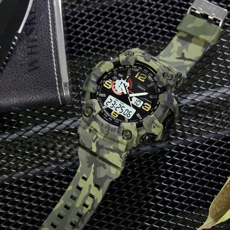 OHSEN-Dual Time Masculino Camuflagem Verde Relógios De Pulso Esportivo, Relógio Digital De Quartzo, 50m Impermeável, Relógios LED Masculino De Mergulhador