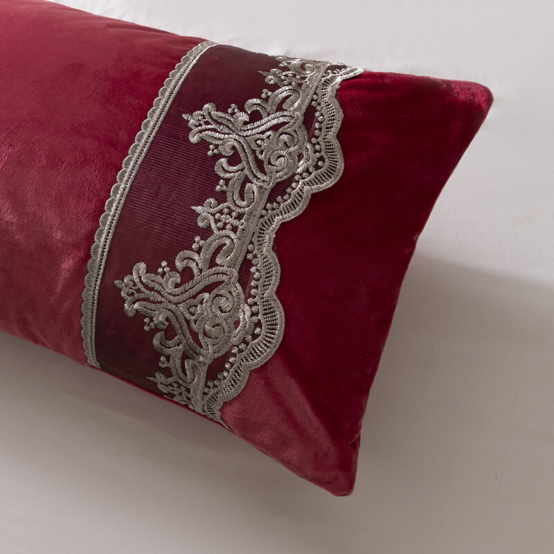 Funda de almohada de terciopelo de Color liso, funda de almohada doble con bordado de encaje, suave, larga, de invierno, para parejas