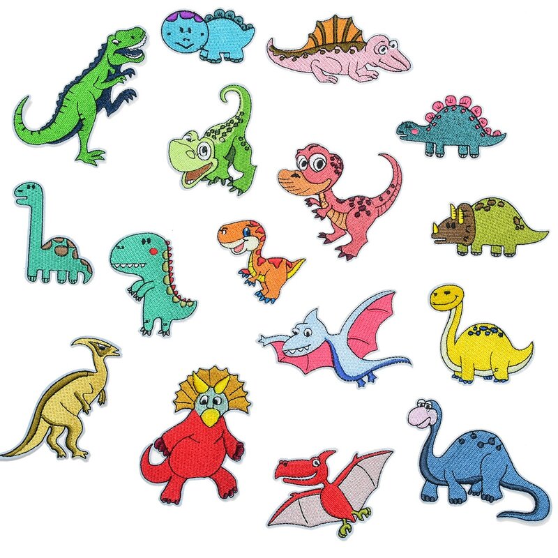 Parche bordado de dinosaurio con dibujos animados para niños, ropa con pegatina, DIY, para coser pantalones, decoración de camisetas, parches para planchar, 16 piezas