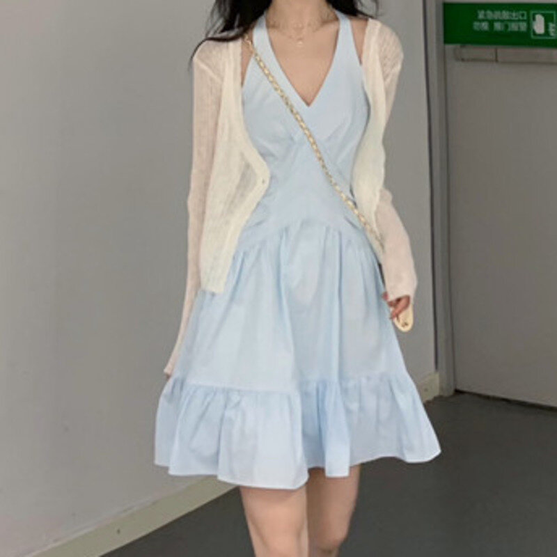 Uma peça vestido de cintura fechada branco leite azul suspender vestido de verão malha cardigan cor sólida vestido feminino de duas peças
