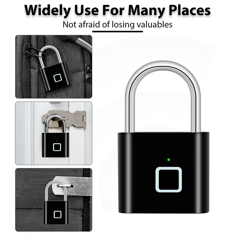 กุญแจสายยูสแกนลายนิ้วมืออัจฉริยะชาร์จไฟได้ USB ล็อคประตูพิมพ์ลายนิ้วมือไบโอเมตริกซ์ประตูสมาร์ทโฮมรักษาความปลอดภัยโลหะผสมสังกะสี