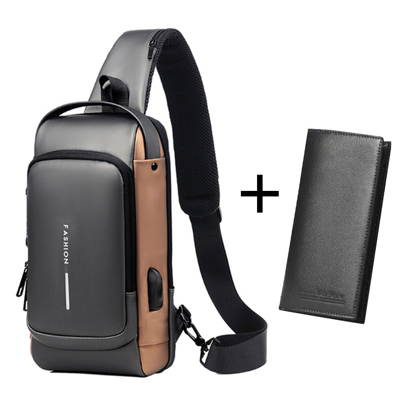 メンズデザイナー防水盗難防止トラベルバッグ,USB充電付き多機能パテントチェストバッグ,ショルダーストラップ