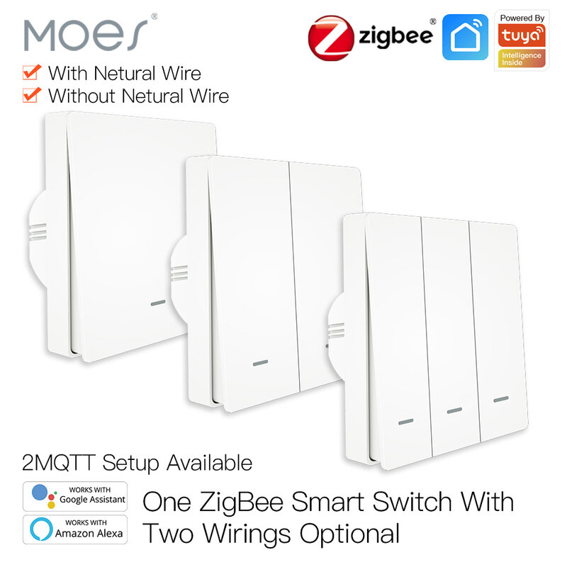 Moes tuya zigbee interruptor de luz inteligente sem fio neutro nenhum capacitor necessário vida inteligente 2/3 maneira funciona com alexa google casa 2mqtt