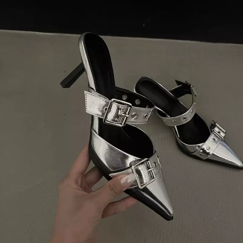 Belt Buckle Wrapped Slippers for Women Summer 2023 New High Heel Outside Pointed Toe Mule Thin Heels Elegant Woman Pumps