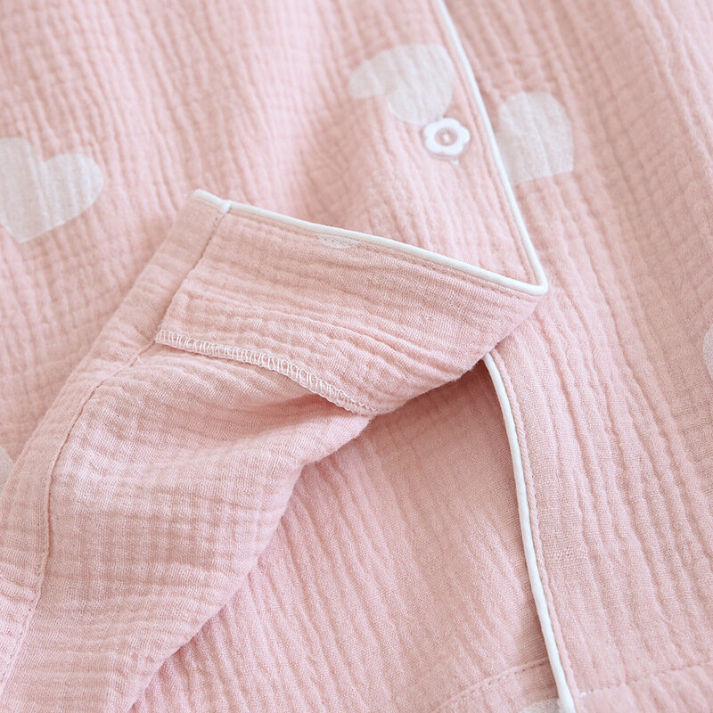Set Piyama Baju Rumah Katun Ibu Celana Panjang Lengan Pendek Krep Cuci Cinta Wanita Celana Panjang Tipis Musim Panas Pakaian Tidur Pakaian Santai