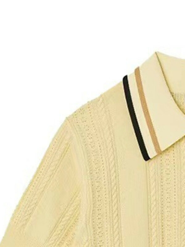 여성용 줄무늬 트리밍 니트 스웨터, 봄 여름 반팔 턴다운 칼라, 할로우 아웃 여성 프레피 스타일 니트 풀오버