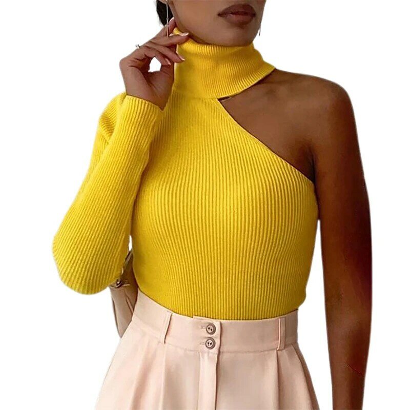 2021 Autumn Woman Fashion Casual High Neck One Shoulder Skinny Knit Top Warm Sweater Daily Wear Yellow Long Sleeve Tops Casual