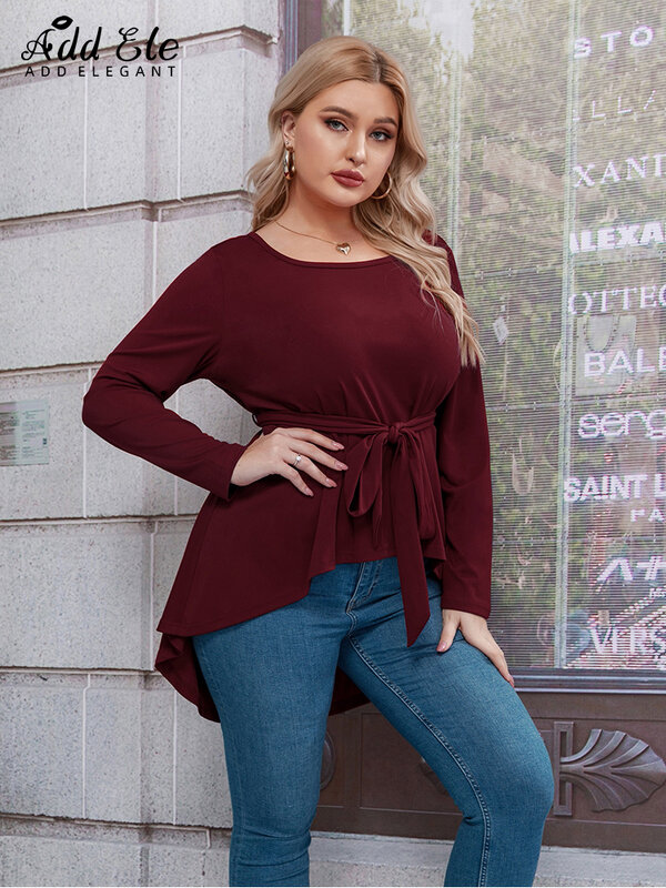 Add Elegant Plus Size Solid Blouses For Women 2022 Autumn Pleated Casual O-Neck Long Sleeve  Bow Belt Design Elastic Tops B808