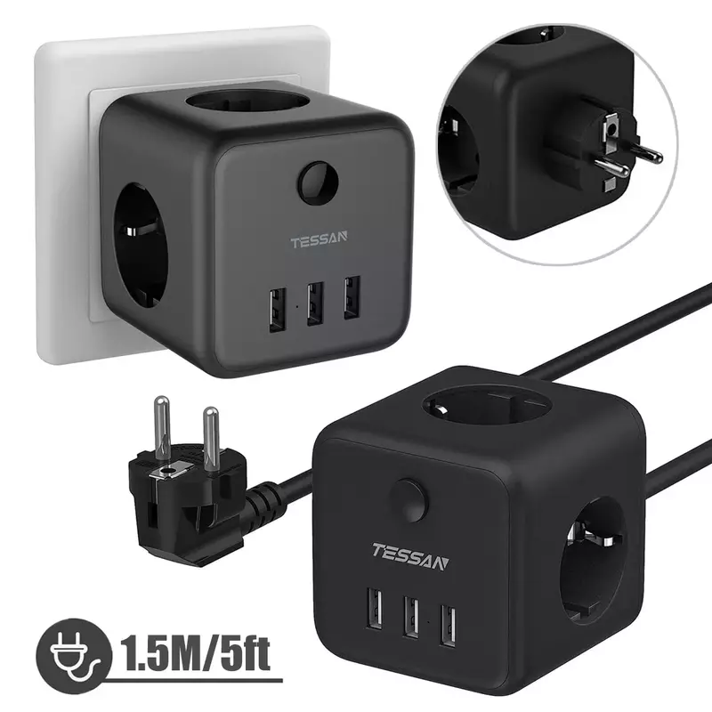TESSAN Black Cube USB Socket Power Strip with Switch, 3-Way Outlets (2500W / 10A) and 3 USB Ports, 1.5M Cable for Home, Office