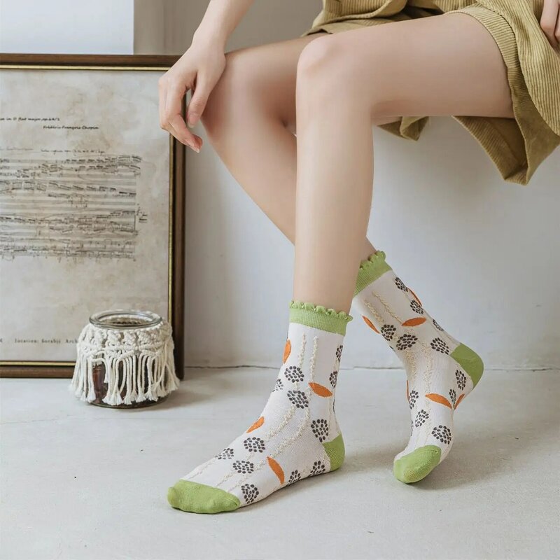 Calcetines de algodón transpirables para mujer y niña, calcetín largo informal con estampado de flores, a la moda