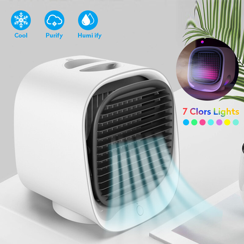 Mini USB Air Conditioner Air Cooler Fan Desktop Air Cooling Fan Humidifier Purifier For Office Bedroom With 7 Colors Light