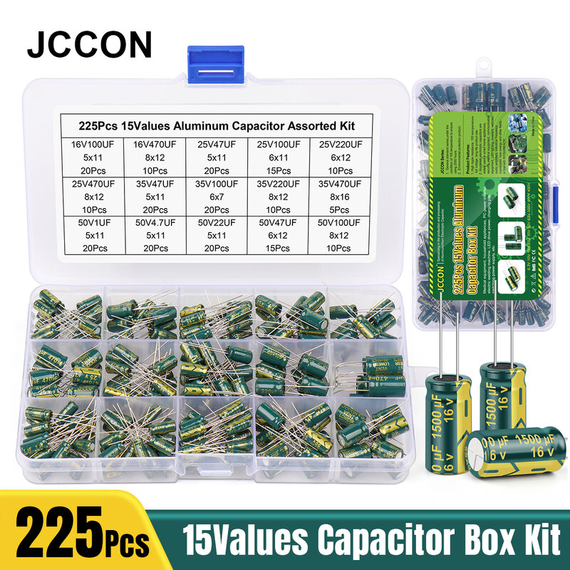 225 Buah/Boks Kit Kapasitor JCCON Set Kapasitor Elektrolitik Aluminium 15 Nilai 16V-50V 1UF-470UF Kit Penyimpanan Berbagai Macam ESR Rendah