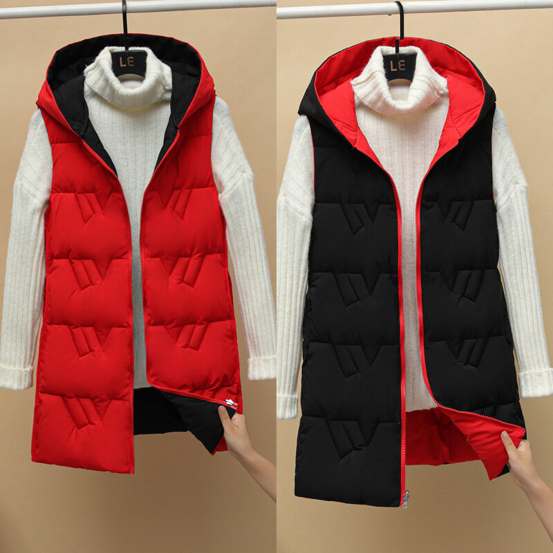 2022 New Double-sided Vest Women's Winter Hooded Vest Korean Version Autumn and Winter Down Cotton Vest Thickened Coat