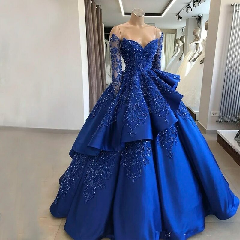 Женское платье на бретелях-спагетти, темно-синее кружевное свадебное платье с аппликацией из бисера, с разрезом на рукавах и V-образным выре...