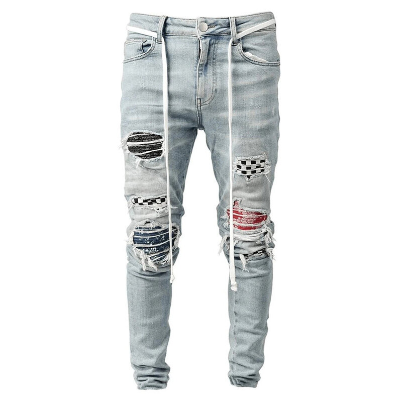 Jeans strappati Skinny da uomo toppe alla griglia di moda Slim Fit Stretch Casual Denim Grafitti pittura pantaloni Jogging High Street Hole