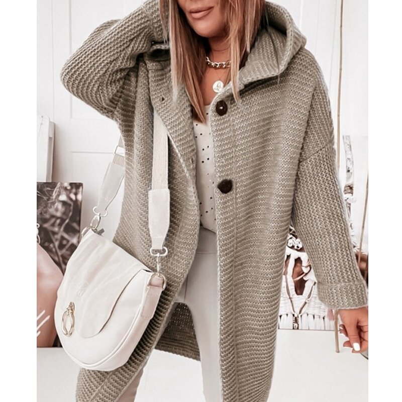 Drop Shoulder Button Front Hooded Cardigan Loose Women's Sweater Coat 2022 Spring Autumn Fashion Solid Color Full Sleeve