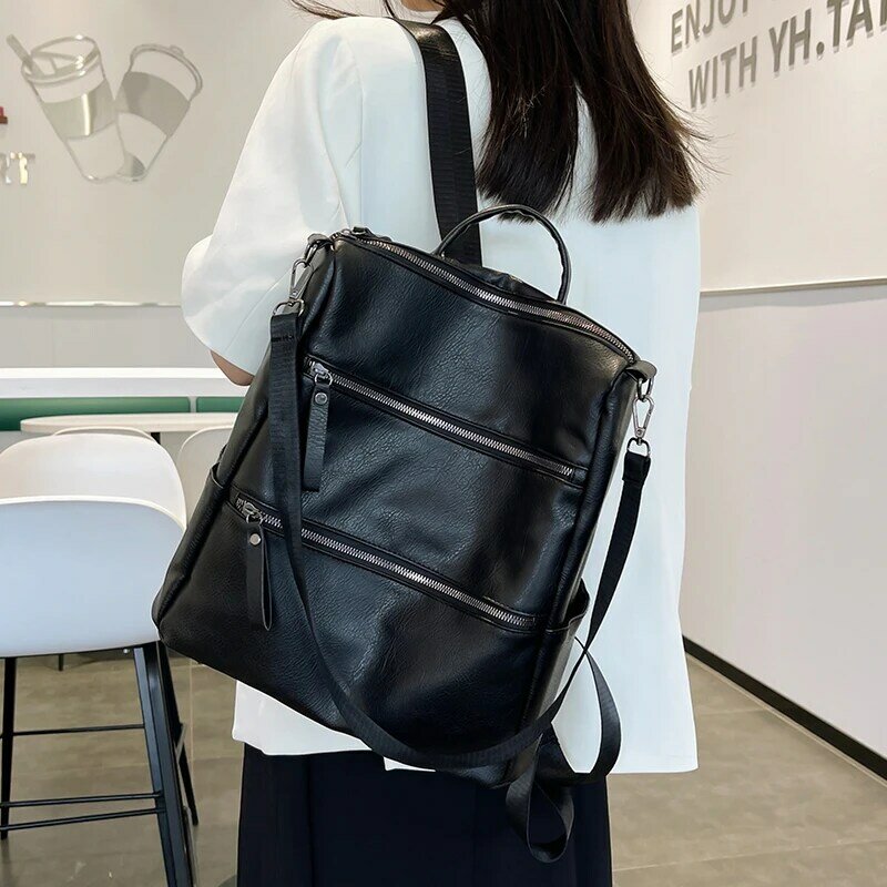 Multi-zip senhoras mochilas retro couro macio de alta qualidade estudante sacos de escola lazer viagem grande capacidade mochilas femininas