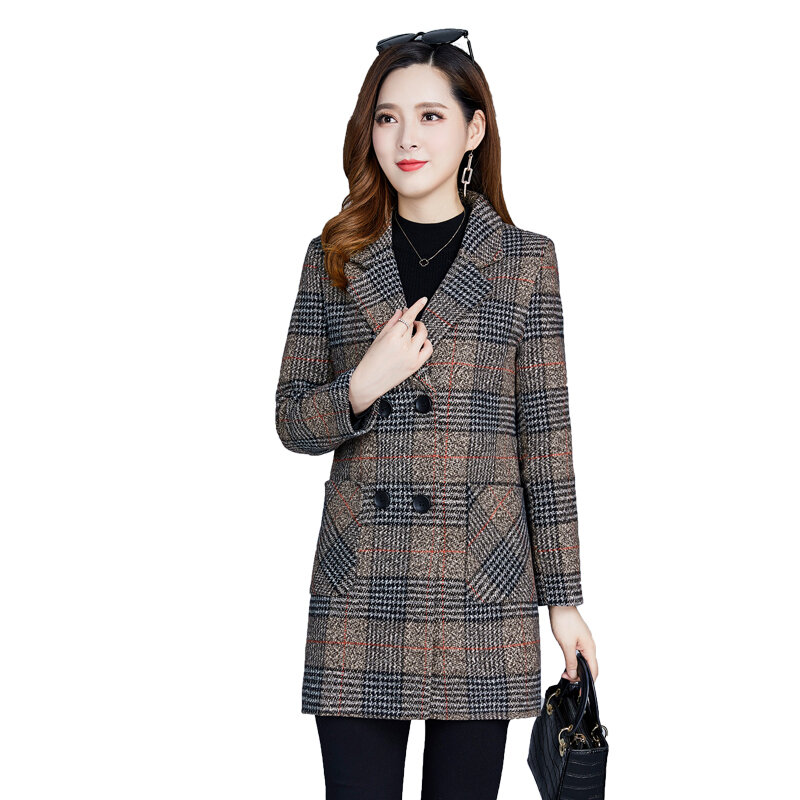 Mantel Musim Gugur dan Musim Dingin Wanita Baru 2022 Edisi Korea Baju Serbaguna Lengan Panjang Ramping Tebal Setelan Kotak-kotak Wol Atasan Wanita C