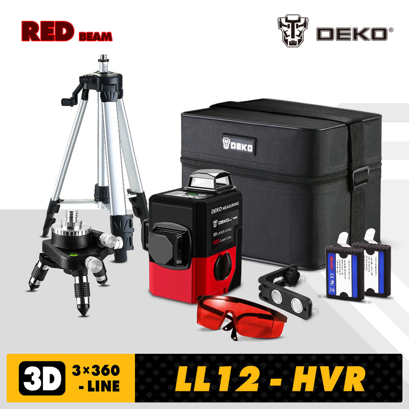 DEKO LL12 Series 3D Self-Leveling 360 Degrees Rotary Laser Level Vertical & Horizontal Red/Green Line High Visibility Tripod
