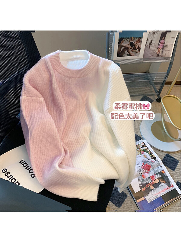 Donna autunno inverno nuovo girocollo Vintage gradiente Harajuku maglieria maglione Baggy manica lunga maglione Pullover lavorato a maglia spesso