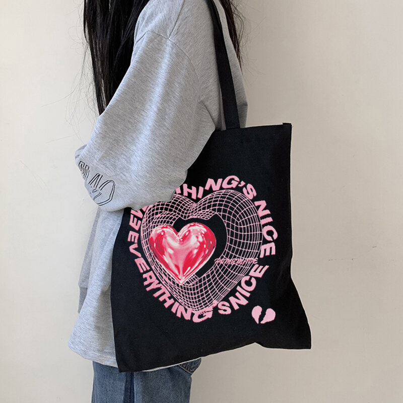Bolsa de ombro feminina casual saco de compras coração impressão lona harajuku carta punk reutilizável shopper bolsa feminina bolsas