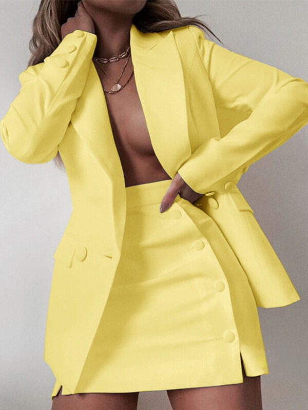 Fashion Casual Lapel Solid Color Double-breasted Suit Mini Skirt 2 Piece Set Women Blazer and Skirt Set Office Lady Candy Colors