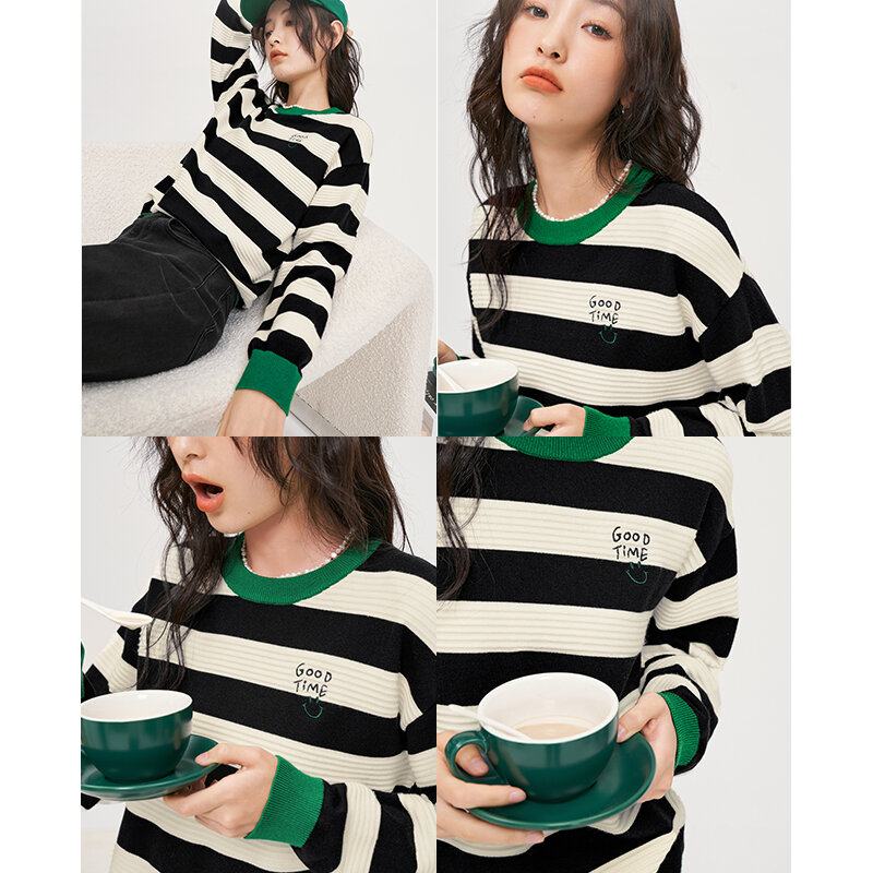 Toyouth Women Sweaters 2022 Autumn Long Sleeves O Neck Loose Tops Striped Letter Embroidery Casual Chic Knit Sweaters