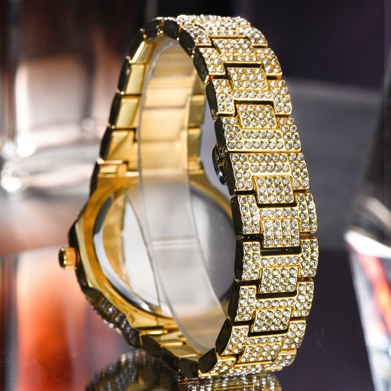 Hip Hop Iced Out Uhr für Männer Luxus Voll Bling Diamanten Herren Uhren Quarz Armbanduhr Wasserdicht 18K Gold Relogio masculino