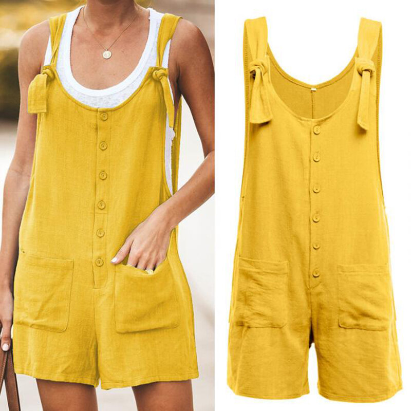 Verão feminino bib calças curtas botão solto bolso macacão casual sem mangas suspensórios playsuits macacão plus size