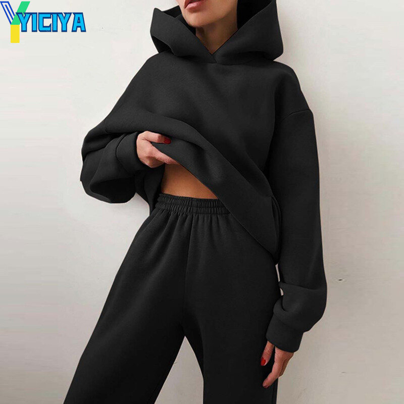 Женская спортивная одежда YICIYA, повседневные однотонные толстовки с капюшоном и штаны, спортивный костюм, свитшот, спортивный костюм, компле...
