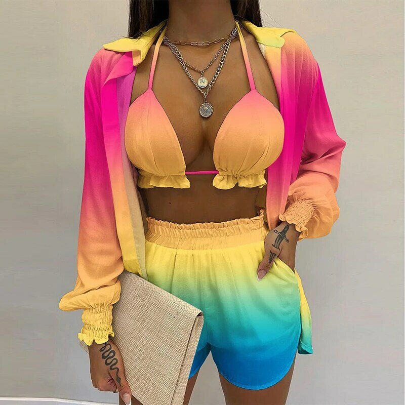 Summer Women Three-Piece Suit Fashion Beach Style Holiday Style Solid Color Printing Casual Sexy 3-Piece Suit Women Suit Female